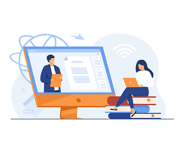 Female student listening webinar online